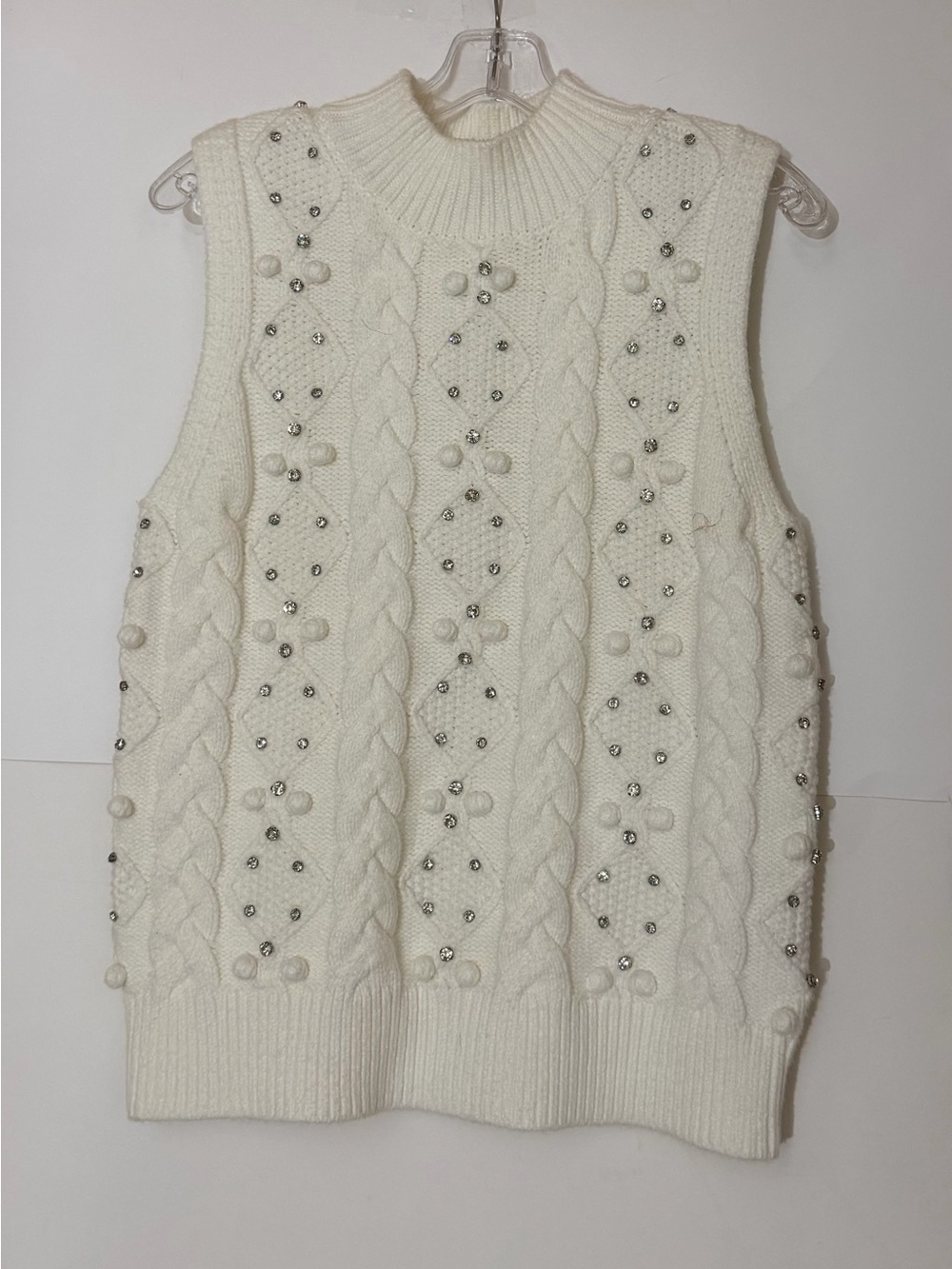 Boston Proper Cream Cable Knit Beaded Sleeveless Sweater Vest